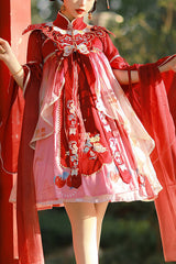 Red Original Strawberry Printed Chinese Embroidered Fake Collar Shawl Sweet Lolita Dress Full Set - Red - 1