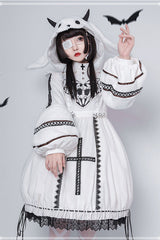 Beige Detachable Hat High Neck Woolen Cuffs Demon Rabbit Gothic Lolita OP Dress - Product - 4
