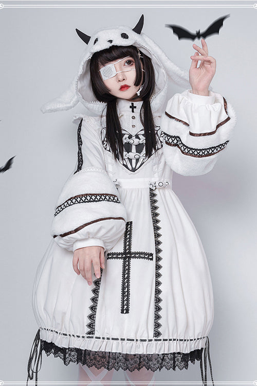 Beige Detachable Hat High Neck Woolen Cuffs Demon Rabbit Gothic Lolita OP Dress - Product - 4