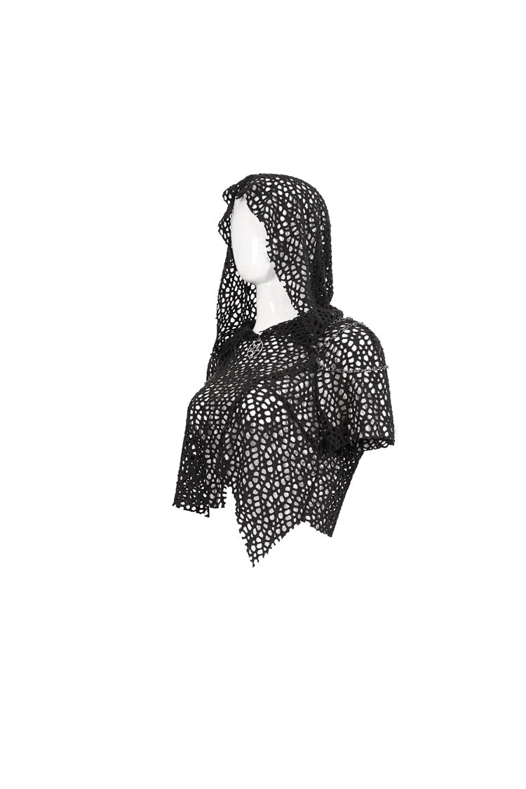 Black Cutout Hood Irregular Hem Aluminium Chain On Shoulder Short Sleeve Women's Punk T-Shirt - Product - 7