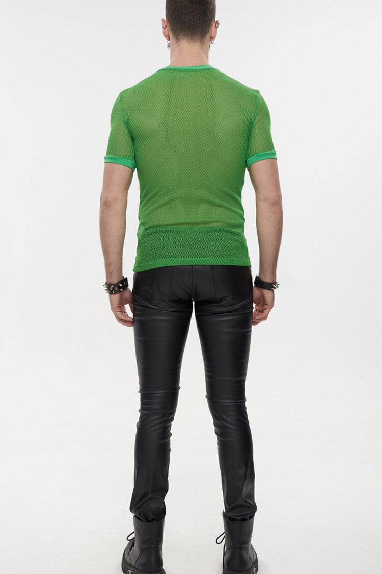 Green Gothic Crew Neck Diamond-Shaped Net Hyperelastic Short Sleeve Men's T-Shirt - Product - 7