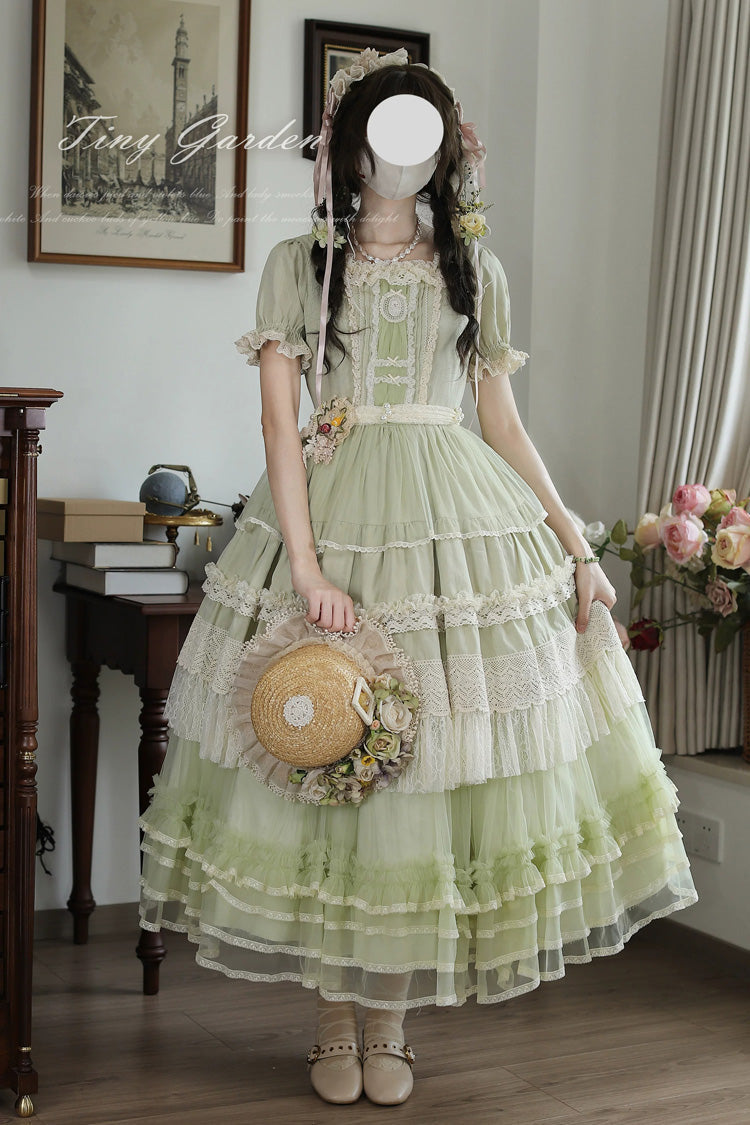 Muscat Green [Vintage Ball 3.0] Square Collar Short Sleeves Lace Pearl Detail Sweet Lolita Dress - Product - 10