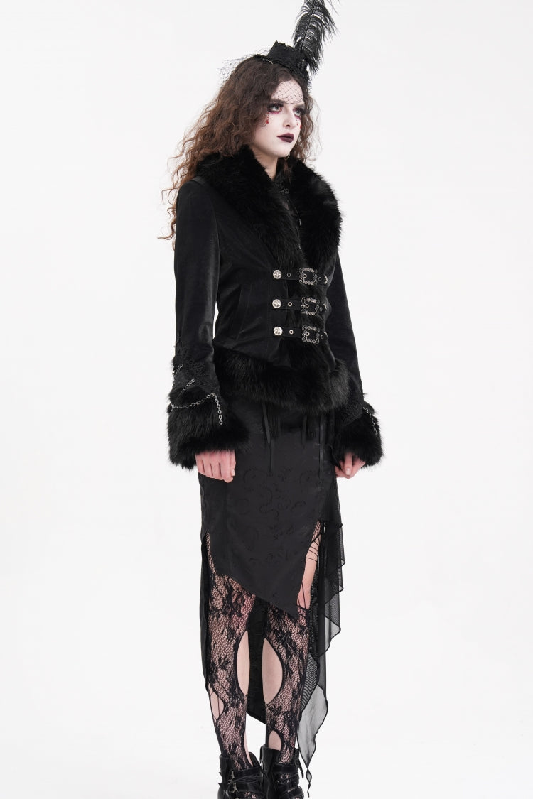 Black Faux Fur Bucket-up Chain Women's Gothic Jacket - Product - 6