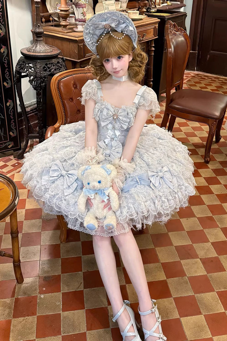 Blue [Cloudborne Snowfeather] Sleeveless Multi-Layered Hanayome Bowknot Pearl Gothic Lolita Jsk Dress - Blue - 1