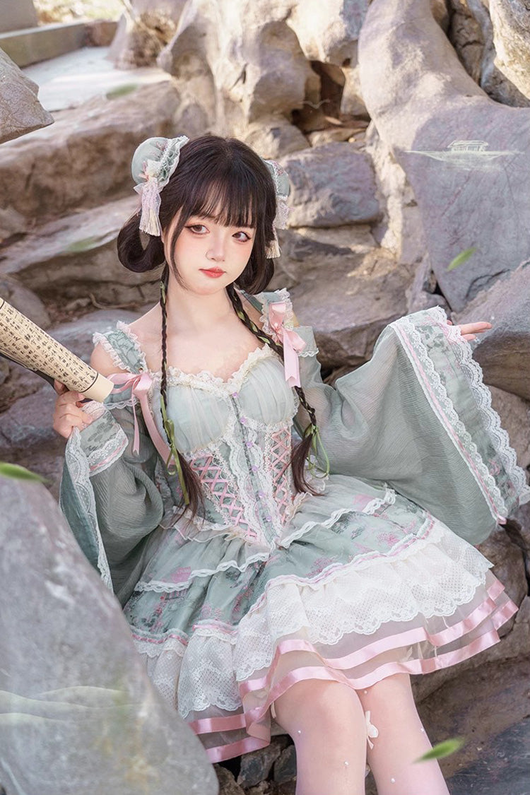 Green Waltz Multi-layer Print Ruffle Bowknot Sweet Chinese Style Elegant Lolita Jsk Dress - Product - 7