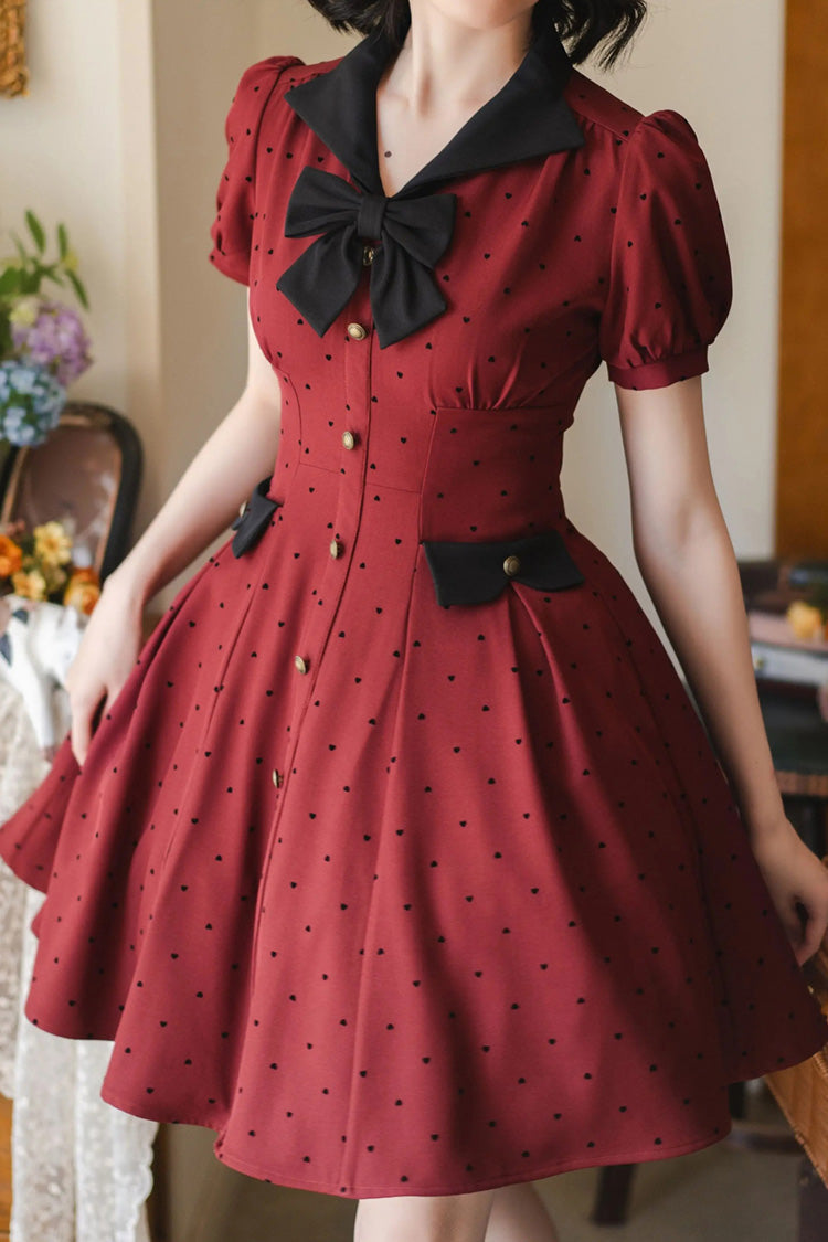 Red [Forest Boulotty] Lapel Collar Short Sleeves Heart-Shaped Polka Dot Printed Bow Sweet Lolita Dress - Product - 3