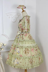 Green [Cat Rose Tea] Short Sleeves Print Ruffle Cardigan Bowknot Daily Sweet Lolita Dress - Product - 9