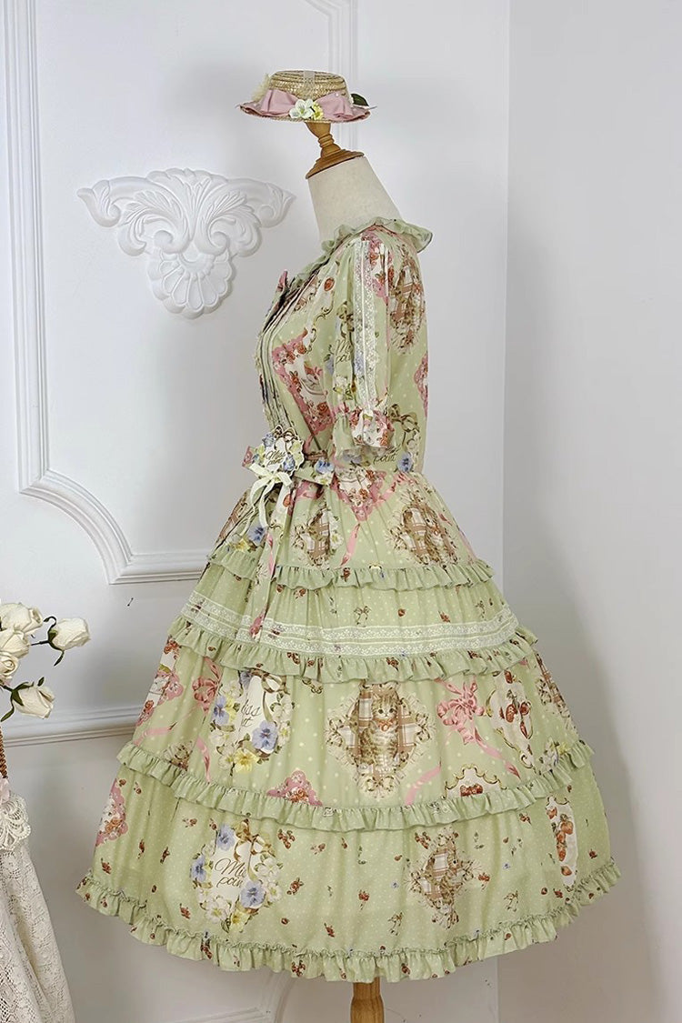 Green [Cat Rose Tea] Short Sleeves Print Ruffle Cardigan Bowknot Daily Sweet Lolita Dress - Product - 9