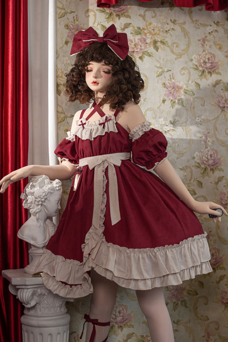 Red [Monet Estate] Sleeveless High Waisted Ruffle Bowknot Asymmetric Gothic Lolita Jsk Dress - Product - 6