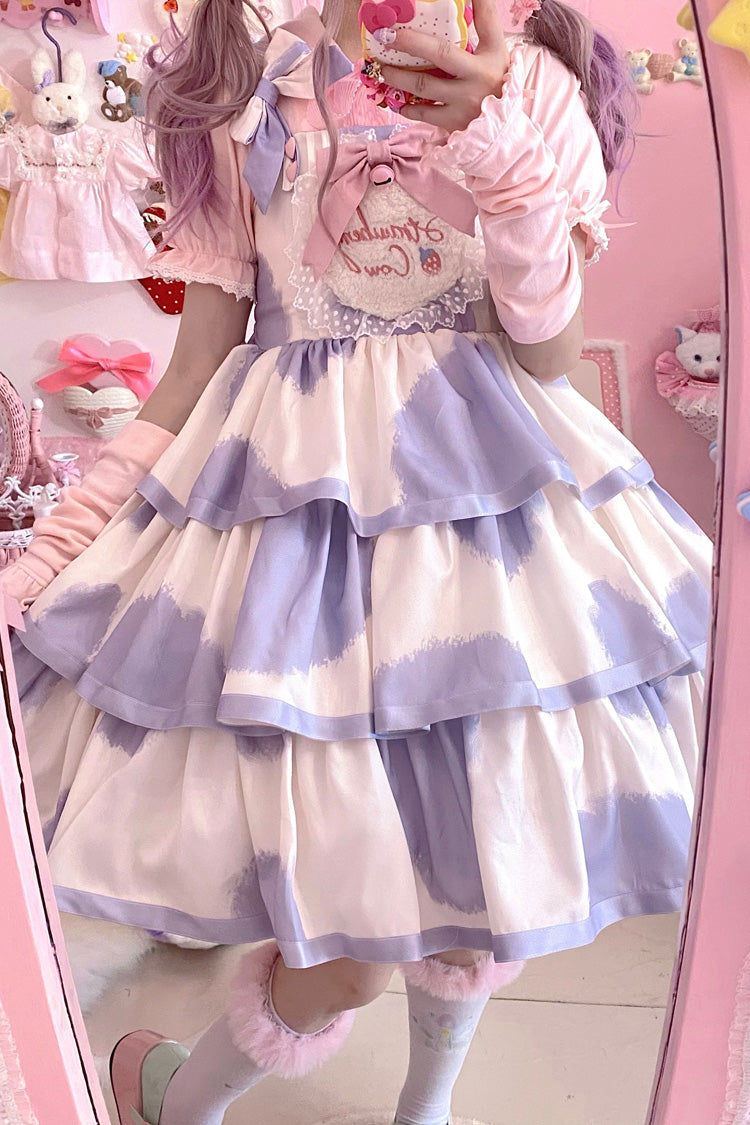 Blue Sleeveless Triple-Layered Cow Print Ruffle Bowknot Sweet (Dress Only) detail view 6
