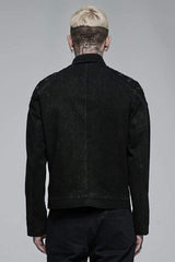 Black Punk Washed Aged Texture Rough Grain Splicing Mesh Metal Buttonholes Zipper Trim Long Sleeve Men's Coat - Product - 3