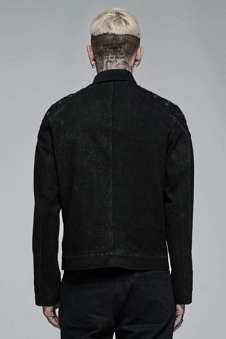 Black Punk Washed Aged Texture Rough Grain Splicing Mesh Metal Buttonholes Zipper Trim Long Sleeve Men's Coat - Product - 3