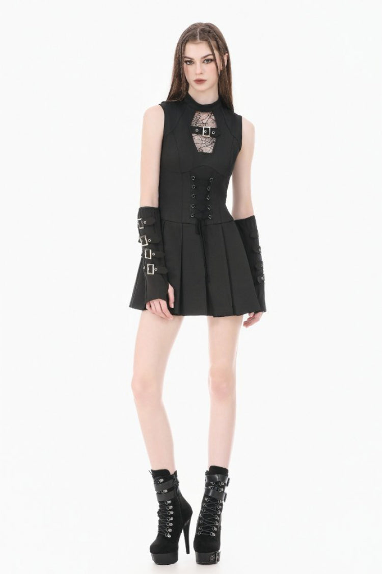 Black Sleeveless Cut-Out Cobweb Sheer Mesh Lace-Up Women's Punk Mini Dress - Product - 7