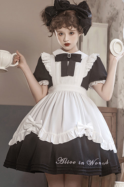 Runder Kragen, Spitzen-Puff, kurze Ärmel mit Schürze, süß (Kleid einzeln), Detailansicht 3