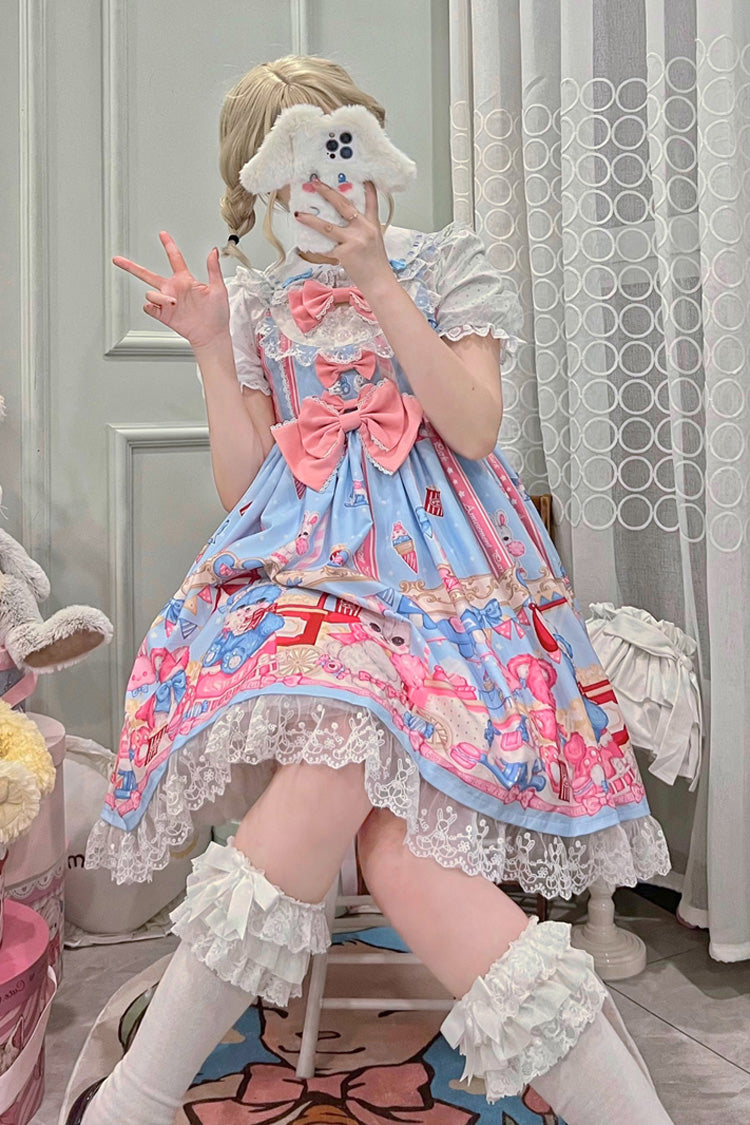 Blue/Pink Doll Playground Print Ruffle Bowknot Sweet (Dress Only) detail view 5