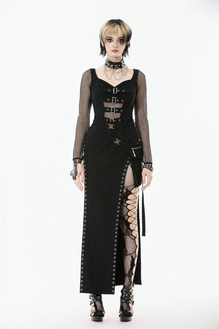 Black Strap Buckled Women's Punk Eyelet High-Slit Midi Skirt with Detachable Pocket - Product - 5