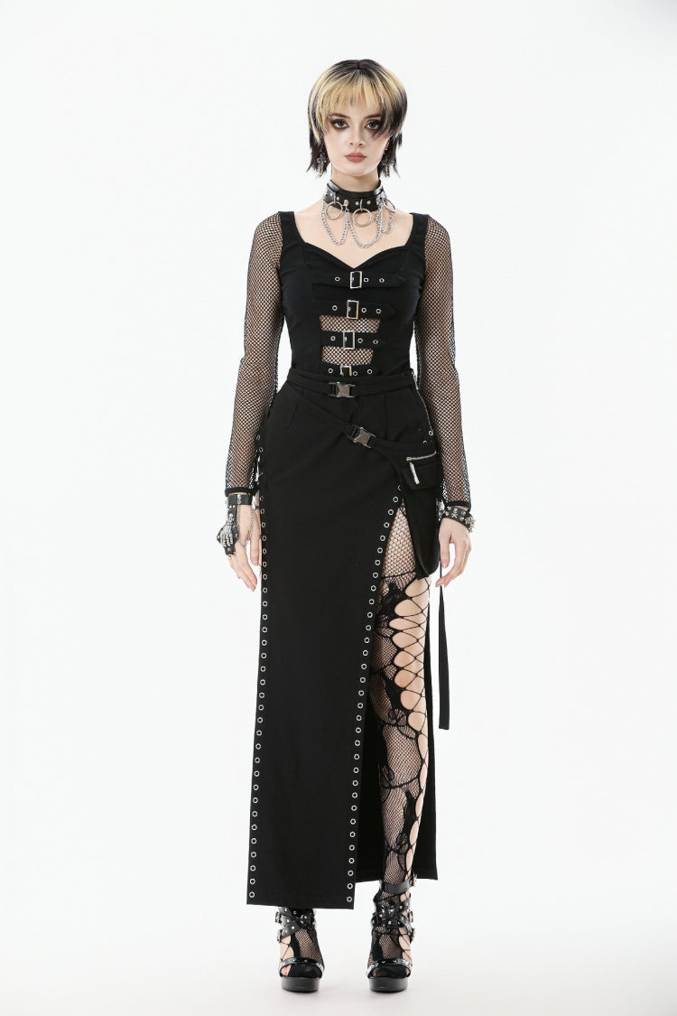 Black Strap Buckled Women's Punk Eyelet High-Slit Midi Skirt with Detachable Pocket - Product - 5