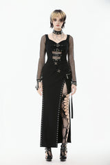 Black Strap Buckled Women's Punk Eyelet High-Slit Midi Skirt with Detachable Pocket - Product - 5
