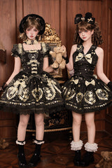 Black/Gold [Sugar Bear] Jacquard Ruffled Bow Lace Sweet Classic Lolita Dress 2 Versions - Black/Gold(OP) - 1