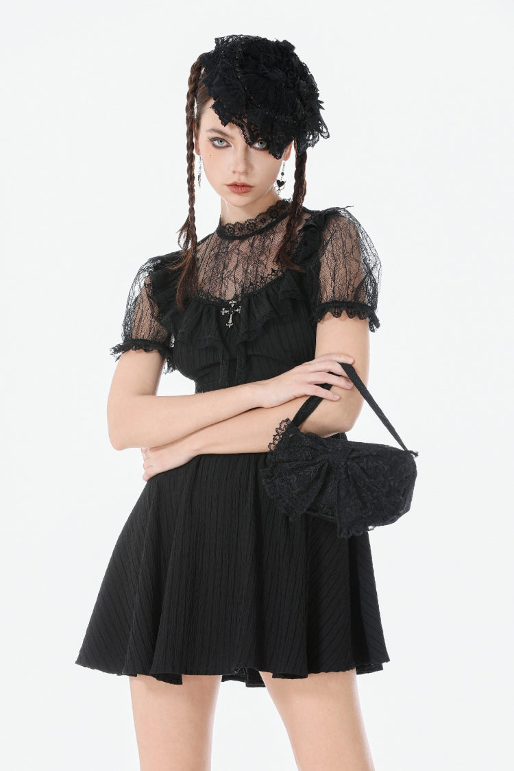 Black Lace Short Sleeves Cross Ruffled Women's Gothic Graduation Dress - Black - 1