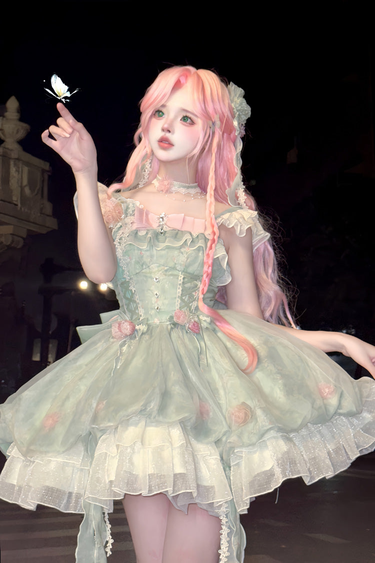 Green Flower Fairy Forest Garden Print Ruffle Bow Lace Sweet Lolita Dress detail view 5