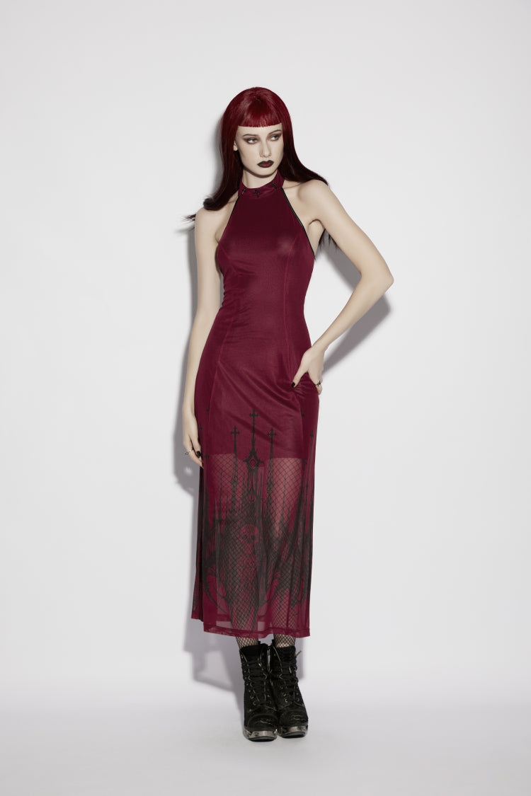 Red Halterneck Sleeveless Double-Layered Church Skull Printed  Printed Lace-Up Slim Women's Gothic Dress Graduation Dress - Product - 15