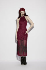 Red Halterneck Sleeveless Double-Layered Church Skull Printed  Printed Lace-Up Slim Women's Gothic Dress Graduation Dress - Product - 15