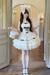 White [Polka Dot Waltz] Square Collar Flutter Sleeves Triple-Layered Printed Ruffled Bow Sweet Lolita Jsk Dress - Product - 6