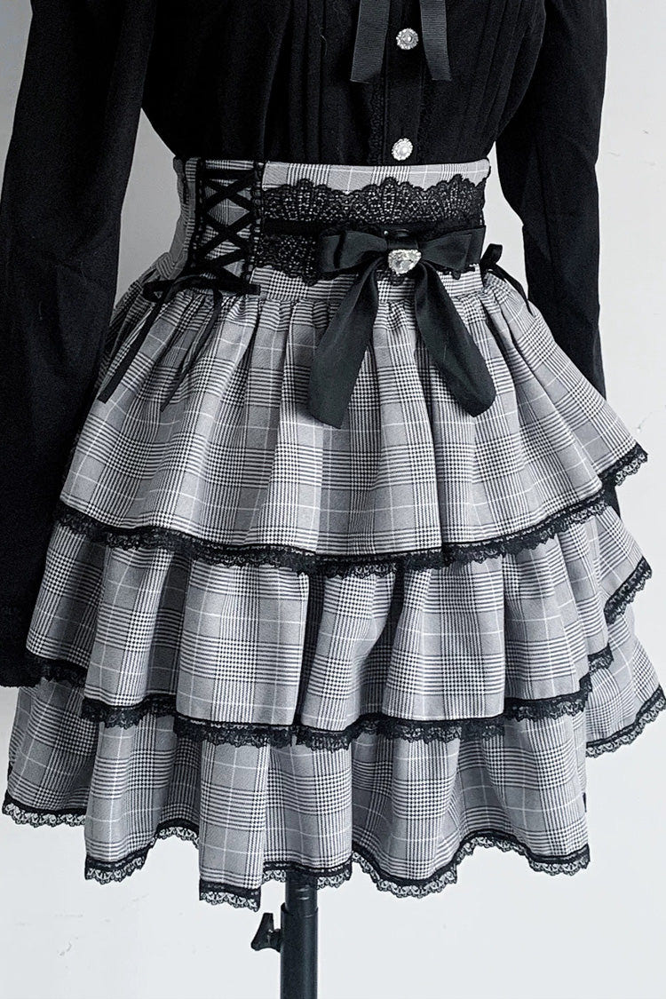 Jirai Kei Doll Collar Long Sleeves Triple-Layered Ruffled Bow Lace Japanese Skirt Blouse Set 2 Colors - Print-Skirt(Only) - 16
