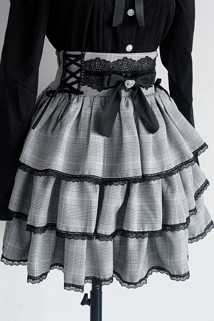Jirai Kei Doll Collar Long Sleeves Triple-Layered Ruffled Bow Lace Japanese Skirt Blouse Set 2 Colors - Print-Skirt(Only) - 16
