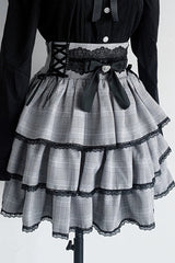 Jirai Kei Doll Collar Long Sleeves Triple-Layered Ruffled Bow Lace Japanese Skirt Blouse Set 2 Colors - Print-Skirt(Only) - 16