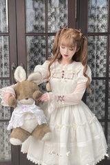 White Lapel Collar Long Sleeves Hollow Sweet Princess Lolita Dress - Product - 2