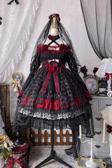 Black/Red [Perlia’s Night] Long Puff Sleeves Ruffled Open-Front Bow Lace Gothic Lolita Dress - Product - 8