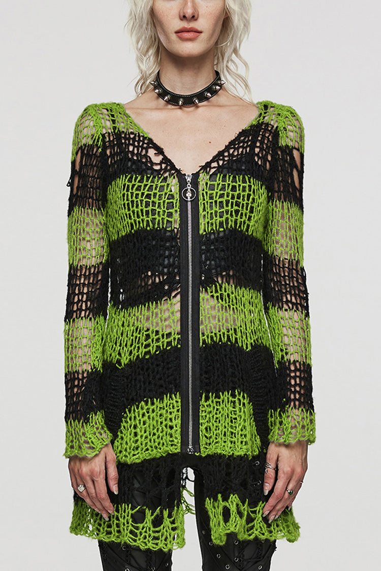 Long Sleeves Striped Print Zipper Irregular Ripped Women's Steampunk Sweater 4 Colors - Black/Green - 17