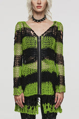 Long Sleeves Striped Print Zipper Irregular Ripped Women's Steampunk Sweater 4 Colors - Black/Green - 17