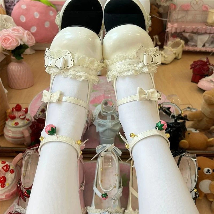 Round Toe Bow Lace Trim Mid Heel Lolita Mary Jane Shoes with Ankle Bells 6 Colors - White - 4