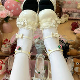 Round Toe Bow Lace Trim Mid Heel Lolita Mary Jane Shoes with Ankle Bells 6 Colors - White - 4
