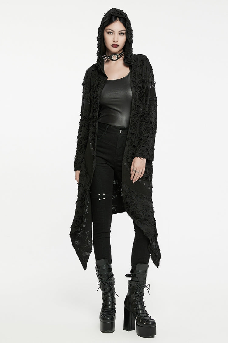 Black Ruffle Hooded Ripped Asymmetric Women's Punk Long Coat - Product - 2