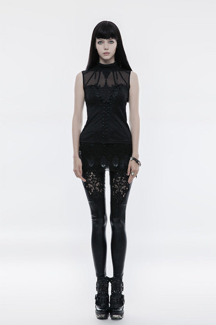 Black High Collar Sleeveless Stitching Lace Lace-Up Mesh Women's Gothic T-Shirt - Product - 4