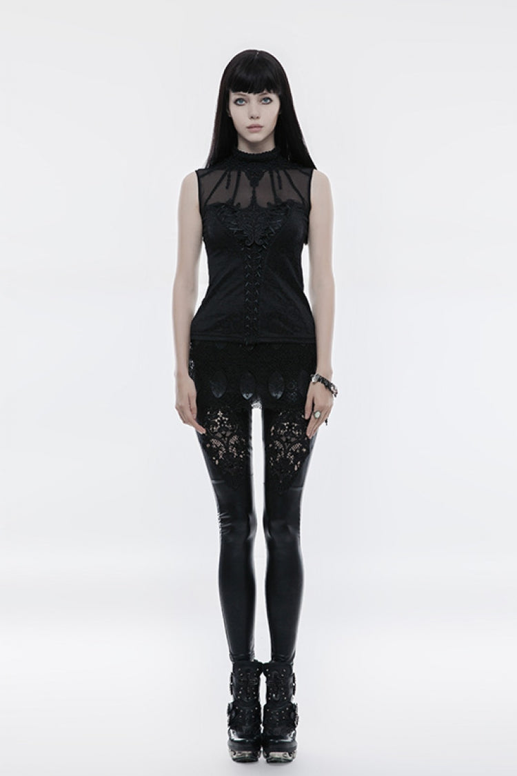 Black High Collar Sleeveless Stitching Lace Lace-Up Mesh Women's Gothic T-Shirt - Product - 4