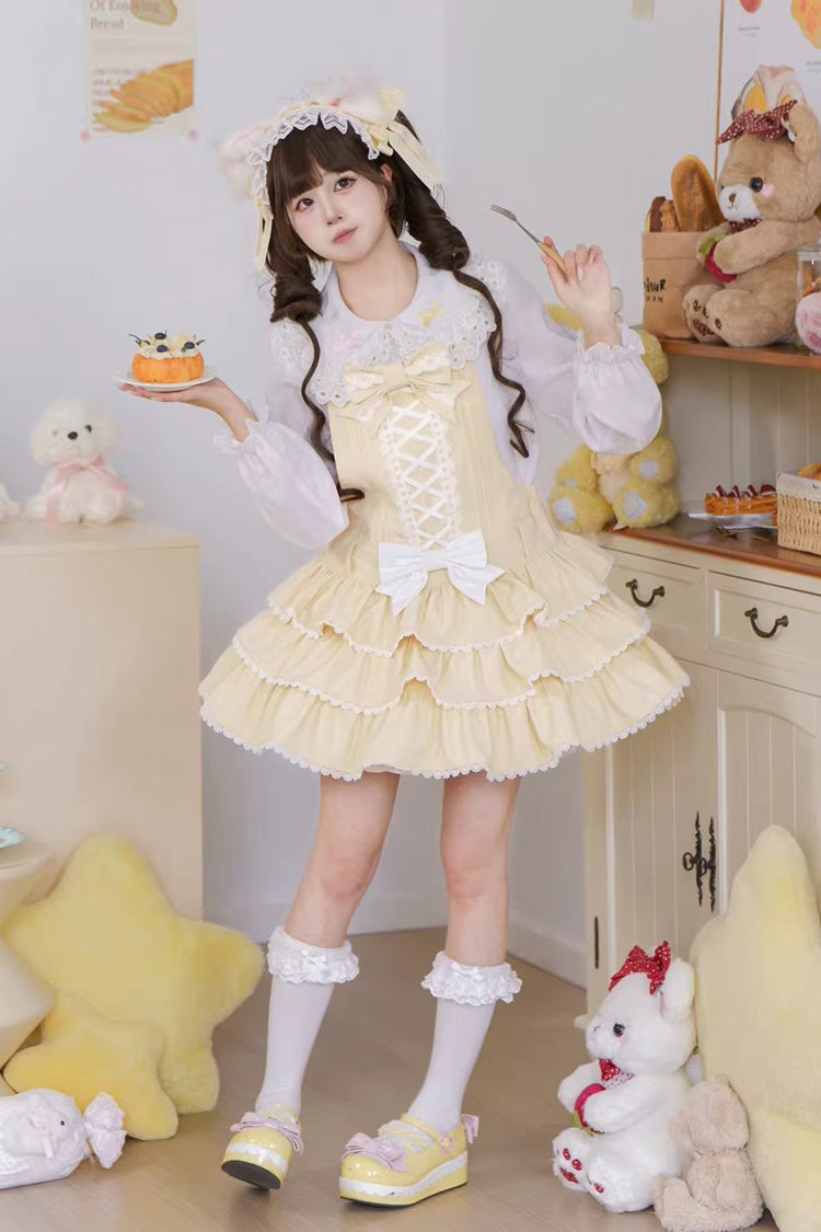 Yellow Nostalgic Showa Custard Cream Puff Sleeveless Triple-Layered Ruffled Bow Lace-Up Tiered Cake Sweet Jsk Dress - Product - 9