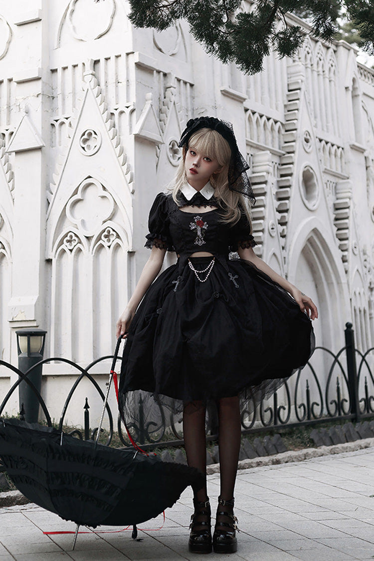 Black Rose Embroidered Cutout Top Irregular Short Sleeves Gothic Lolita Dress Set - Product - 4