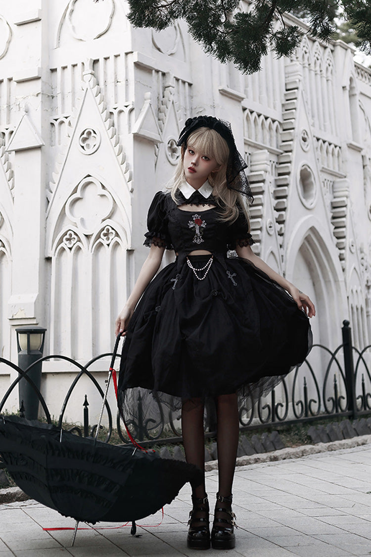 Black Rose Embroidered Cutout Top Irregular Short Sleeves Gothic Lolita Dress Set - Product - 4