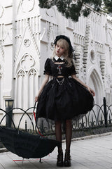 Black Rose Embroidered Cutout Top Irregular Short Sleeves Gothic Lolita Dress Set - Product - 4
