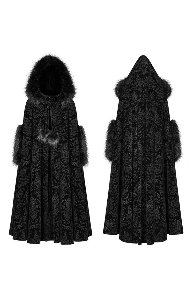 Black Fur Hood Front Fuzzy Ball Bandage Long Women's Gothic Cloak - Product - 5