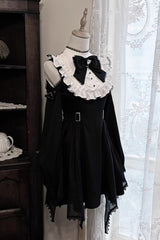Black/White Stand Collar Off Shoulder Long Sleeves Ruffled Bow Lace Gothic Jirai Kei Japanese Lolita Dress - Black/White - 1