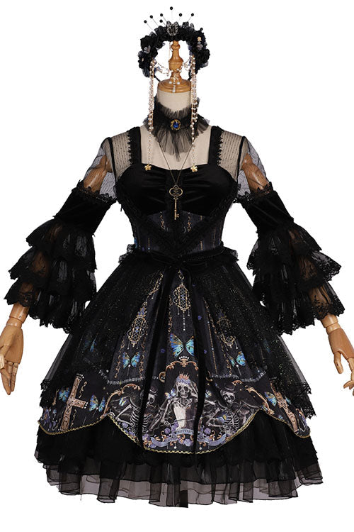 Black Square Collar Cemetery Butterfly Skull Print Lace Lantern Sleeves Multi-Layer Ruffled Gothic Lolita OP Dress - Product - 6