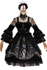 Black Square Collar Cemetery Butterfly Skull Print Lace Lantern Sleeves Multi-Layer Ruffled Gothic Lolita OP Dress - Product - 6
