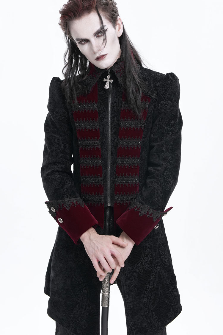 Black/Red Lapel Collar Long Sleeves Crochet  Men's Gothic Jacket - Black/Red - 1
