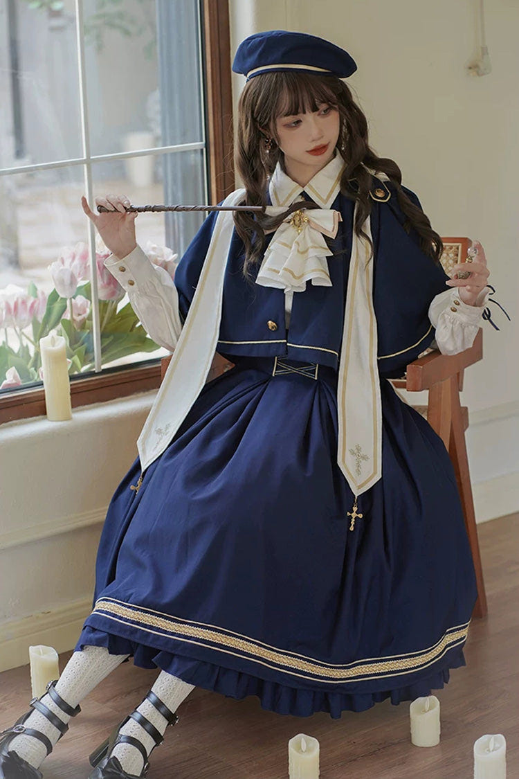 Blue [Choir] Sleeveless Ruffled Lace-Up Classic Military Preppy Style Lolita Bustier Dress Set - Blue(Dress-Set) - 1